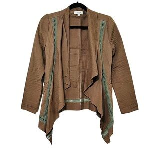 Umgee USA Brown Draped Open Front Cardigan Jacket with Green Crochet Trim Sz M